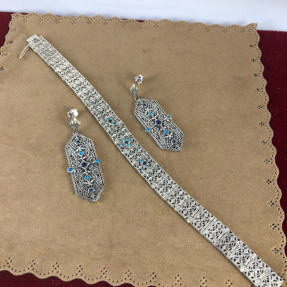 Sapphire & Opal 925 Sterling Silver Vintage Filigree Bracelet 7 & earrings - Picture 3 of 5